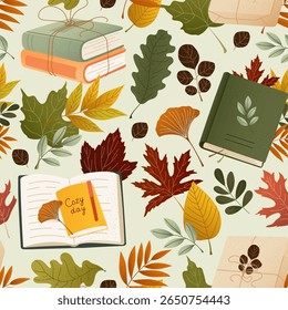 Seamless pattern with cozy autumn books, colorful leaves and warm seasonal accents. Textured illustration for fall card, banner, packaging or fabric print. Rustic nostalgic design with soft atmosphere