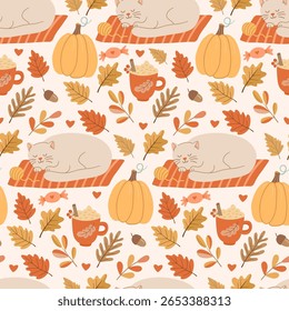 Padrão sem emenda com um gato de outono acolhedor, abóboras, folhas de queda e bebidas quentes. Perfeito para tecidos sazonais, papéis de parede e desenhos têxteis com vibrações de queda quente e caseira.
