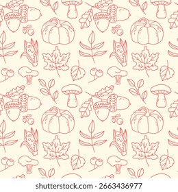Seamless pattern of cozy autumn doodles on a light background
