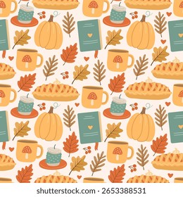 Seamless pattern with cozy autumn elements: pumpkin pie, books, mugs, candles, and leaves. Ideal for fall fabric, wallpaper, and seasonal textile design with warm, homey vibes.