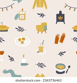 Seamless pattern with cozy autumn items. Vector illustration