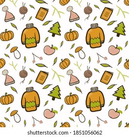 Seamless pattern with cozy autumn objects like sweater, bubble hat, mushroom, apple, ball of thread, berries. Cute vector illustration.