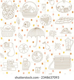 Seamless pattern with cozy autumn picnic elements. Simple line shape books, cup, teapot, umbrella, blanket, baskets for textile, package, cover.