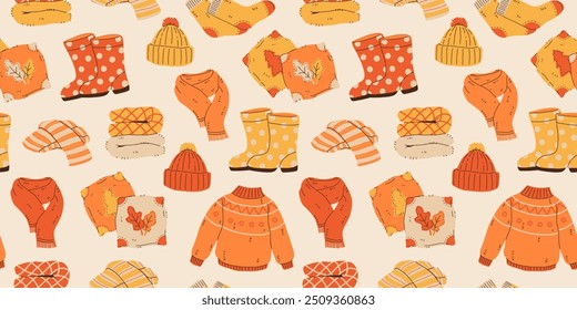 Padrão contínuo de camisolas de outono acolhedor, cachecóis, meias e acessórios quentes. Roupas de roupa de outono, cardigan, kit de gorro. ilustração de coleção de desenhos animados planos desenhada à mão de vetor