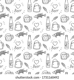 Seamless pattern with cozy black-and-white beer bottle, mugs and fish on white background. Vector image. 