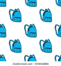 Seamless pattern with cozy blue backpacks on white background. Doodle style. Vector image. 