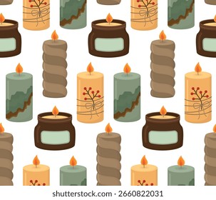 Seamless pattern with cozy burning decorative candles. Colorful background with home decorations