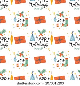 Seamless pattern of cozy Christmas decorations with text. Postcard with bauble, text, socks, gift, floral. Kids illustration. Scrapbook trendy collection