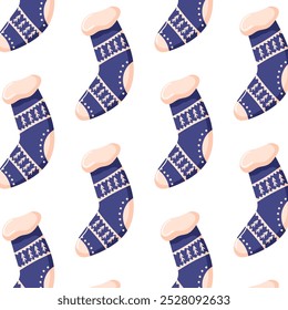 Seamless pattern with cozy Christmas socks in blue with festive tree and geometric designs. Flat style. Ideal for holiday wrapping, textiles or seasonal decorations in a cute winter theme.