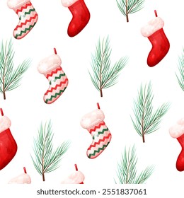 Seamless pattern of cozy Christmas socks and fir tree branch