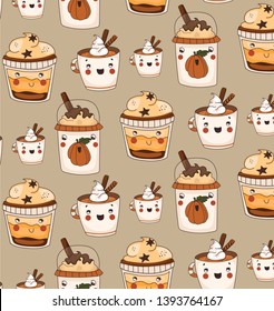 Seamless pattern with cozy coffee pattern, on a light green-brown background, with cute faces. Vector illustration