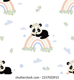 Seamless pattern with cozy cute panda in flower wreath on rainbow on white background with clouds. Vector illustration. Scandinavian kids collection for design, decor, packaging, wallpaper, textile