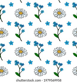 Seamless pattern with cozy flowers forget-me-not and chamomile on white background. Vector image.