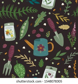 Seamless pattern with cozy gardening design. Vector background, suitable for wrapping paper, textile, wallpaper.