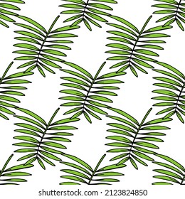 Seamless pattern with cozy green tropical leaves on white background. Vector image.