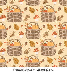 Padrão perfeito com cestas de colheita acolhedoras, abóboras, cogumelos, folhas de outono e bolotas. Ótimo para tecido sazonal, papel de parede e queda temático design têxtil.