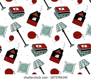 Seamless pattern with cozy home elements - lamp floor, books, pillow, little house. Vector illustration, can be used for design of textile, wallpaper.