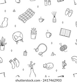 Seamless pattern cozy home elements. Vector illustration doodle cartoon icon, background wallpaper.