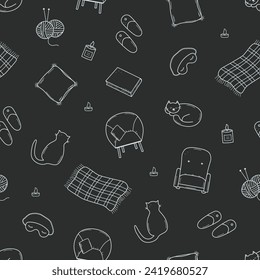 Seamless pattern cozy home elements. Vector illustration doodle cartoon icon, background wallpaper.