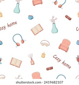 Seamless pattern cozy home elements. Vector illustration doodle cartoon icon, background wallpaper.