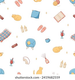 Seamless pattern cozy home elements. Vector illustration doodle cartoon icon, background wallpaper.