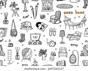 Seamless pattern of cozy home elements. Cozy. Vector illustration in doodle style for design, greeting card, decoration, textile. Hand drawn. Isolated on white