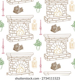Seamless pattern with cozy home elements like brick fireplaces, firewood, lanterns, and candles. Warm winter background for fabric print, wrapping paper, or seasonal interior decor projects