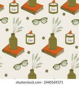 Seamless pattern with cozy home interior. Book stack, pampas grass, eyeglasses and aroma candle.  Hygge home atmosphere. Retro style vector background.