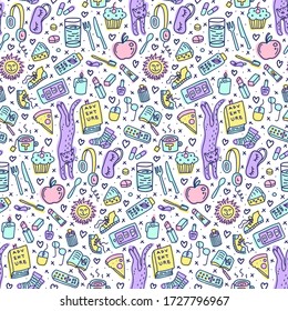 Seamless pattern of cozy home objects. Colorful doodles of cat, book, food, phone, makeup etc. Pastel color palette on white background.