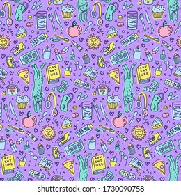 Seamless pattern of cozy home objects. Colorful doodles of cat, book, food, phone, makeup etc. Purple background.