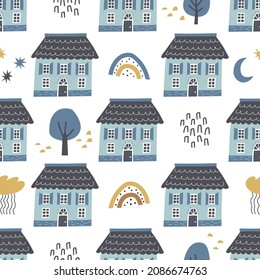 Seamless pattern with cozy houses with hand drawn textures and shapes. Illustration for fabric, textile, wallpaper. Isolated on white background vector illustration