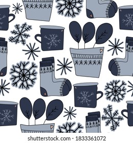 Seamless pattern of cozy hygge things, warm sock and potted plant, winter cup and hand draw snowflakes on a white background, vector illustration for design and creativity