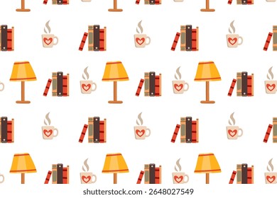 Seamless pattern with cozy interior with house plants. Vector illustration of armchair, bookshelf plants and books collected in ornament on white background