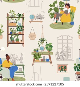 Seamless pattern with cozy interior scenes. Background with houseplants, greenhouse, furniture, relaxing people. Pattern with home plants on light background for wrapping paper, textile, design.