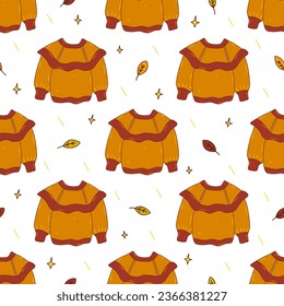 Seamless pattern with cozy orange knitted sweater with autumn leaves and stars. Seasonal warm clothes. Colorful vector illustration hand drawn. Fall season wrapping, print for fabric or paper