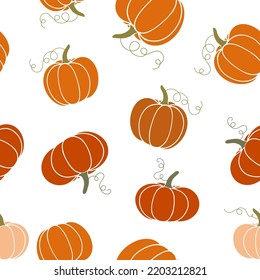 Seamless pattern with cozy orange pumpkins, green pumpkin leaves. Vector cartoon illustration, hello autumn. Thanksgiving day background. Hygge time. Halloween party kitchen linen  decor with squash