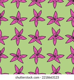 Patrón sin foco con pentas lanceolata acogedor sobre fondo verde. Imagen vectorial. Estilo Doodle.