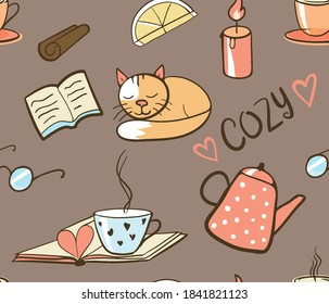 Seamless Pattern With Cozy Reading Icon Set - Tea, Lemon, Candle, Sleeping Cat - Hand Drawn Illustration