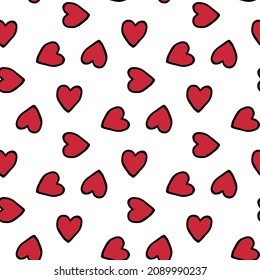 Seamless pattern with cozy red hearts on white background. Vector image.