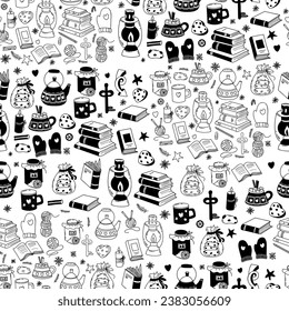 Temporada de invierno acogedora sin foco. Libros, hilos de punto, mermelada y taza con tetera, galletas y mitones sobre fondo blanco. el ambiente es cómodo y de estilo doodle dibujado a mano. Ilustración del vector