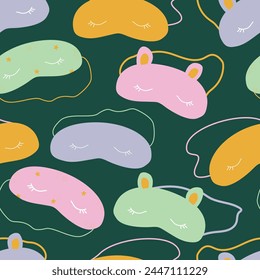 Seamless pattern with cozy sleeping masks with eyes and animal ears. Vector print with sleep masks 