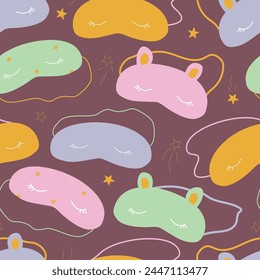 Seamless pattern with cozy sleeping masks with eyes and animal ears. Vector print with sleep masks 