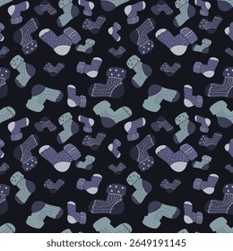 Seamless pattern of cozy socks in cool blue tones on dark blue, ideal for children's winter clothes, snug pajamas, and baby textile prints.
