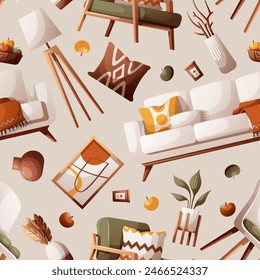 Seamless pattern with cozy sofa, armchair,  chair, interior decor elements. Interior design, home decor, furniture, living room concept. Vector illustration for background, scrapbook, wrapping paper.