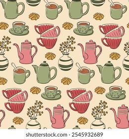 Seamless pattern of cozy tea time items with teapots, cups, mugs, cookies, and flower vases in warm pastel colors. Perfect for kitchen textiles, wallpaper designs. Vector hand drawn illustration