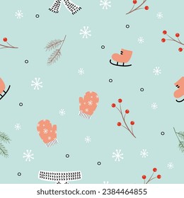 Seamless pattern with cozy winter elements. Vector illustration. Pastel blue color. For textile, wallpaper, print design