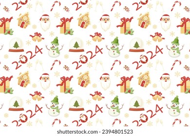 Seamless pattern. Cozy winter pattern with gingerbread cookies, gifts, snowflakes, New Year decorations.