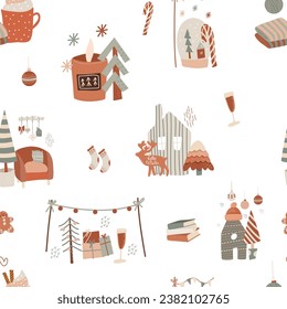 Seamless pattern of cozy winter home scenes (Christmas trees, candles, gift boxes, Christmas decorations), hand drawn vector illustration