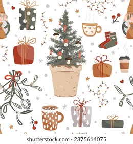 Seamless pattern. A cozy winter ornament with mistletoe, mugs, cups of tea, Christmas tree branches, snowflakes, New Year sweets, socks, and presents. Vector graphics