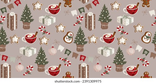 Seamless pattern. A cozy winter ornament with mistletoe, mugs, cups of tea, Christmas tree branches, snowflakes, New Year decoration. Vector graphics 